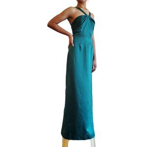 Vintage Wtoo Satin Grecian Twist Halter Bridesmaid Prom Formal Maxi Dress Green